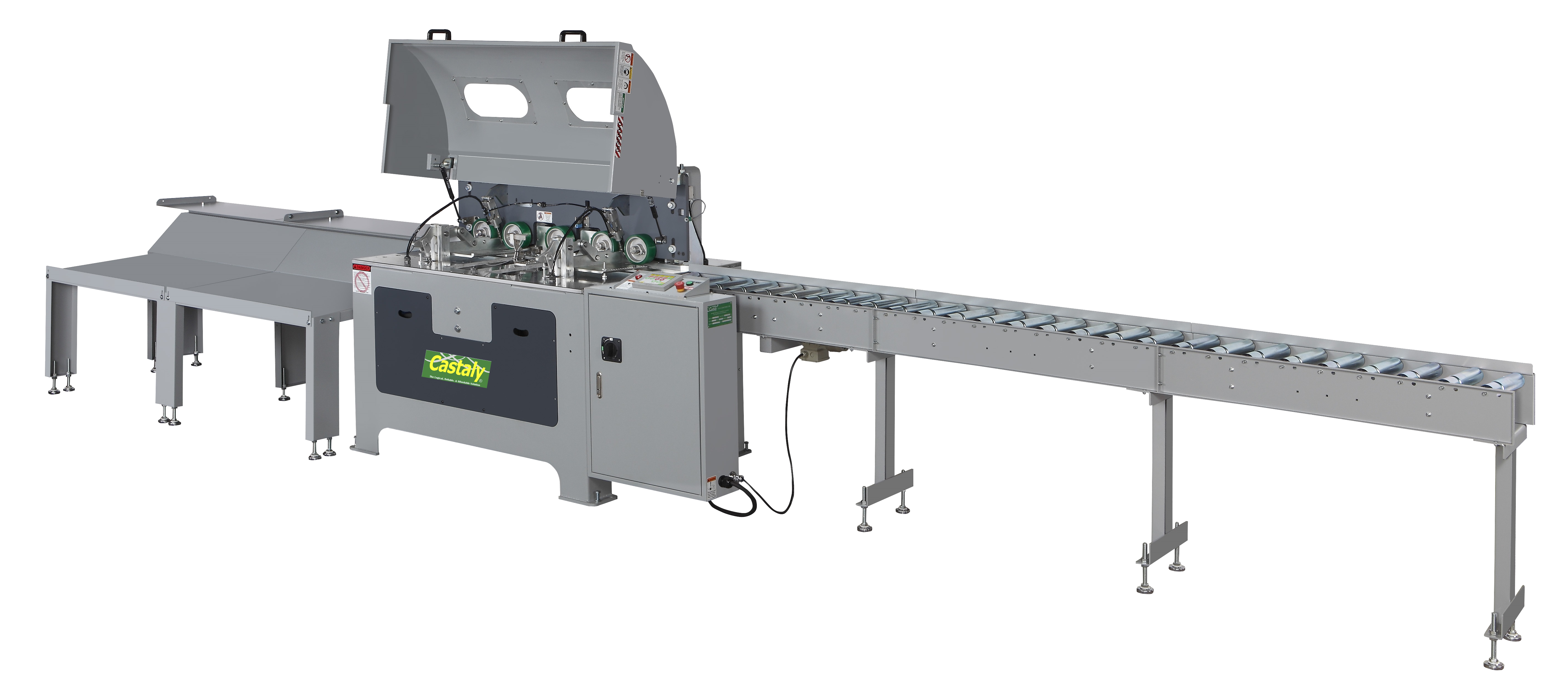 Feed Through Auto End Matcher / Tenonor / Finger Jointer (include 12 ft Power Rollers Infeed Conveyor & 7 ft Outfeed Table)